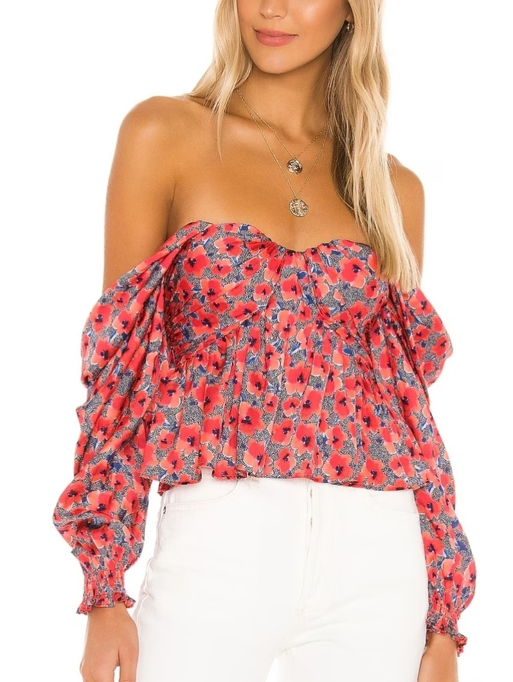 House of Harlow 1960 Red Floral Off Shoulder Peplum Top Long Sleeve Size Large